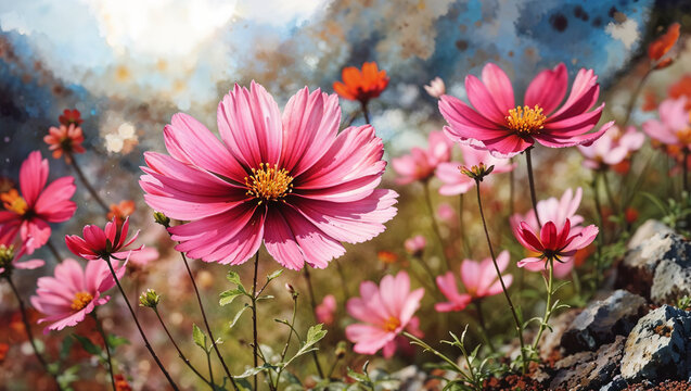 Gorgeous pink cosmos flowers in spring bloom, growing on a rocky mountain meadow, sublime watercolor like art of nature's beauty and splendor 
