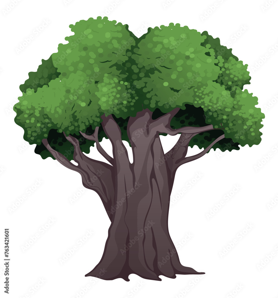 Poster image of a jungle tree. this design features a large cartoon-style jungle tree with bright hues on a