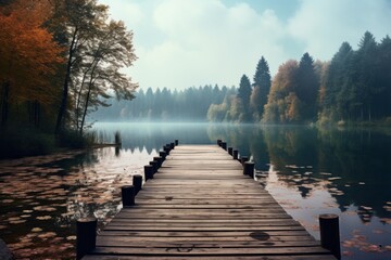 Charming wooden pier extending into a calm lake surrounded by nature - obrazy, fototapety, plakaty