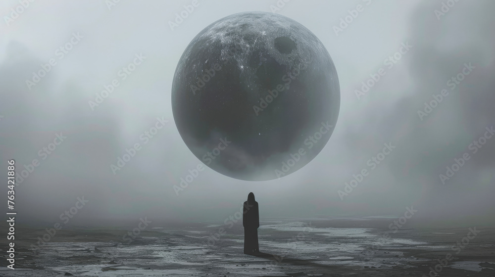 Poster a woman stands in front of a large, dark moon. the sky is cloudy and the atmosphere is eerie