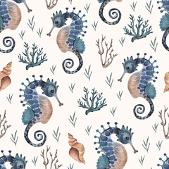 Seahorse, seamless pattern, watercolor illustration