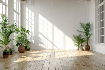 Empty white room with a wooden floor and plants.