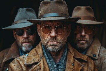 Three men in vintage detective attire with fedoras and leather jackets stand firm - obrazy, fototapety, plakaty