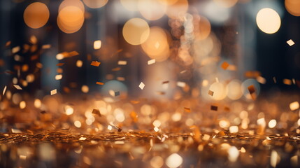 Golden confetti on the floor with sparkling light bokeh background. Celebration and party concept.