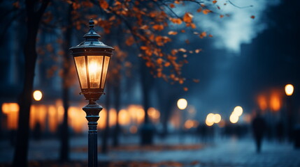 Vintage street lamp illuminating a tree-lined path with autumn leaves, evoking an evening stroll in the park ambiance. - obrazy, fototapety, plakaty