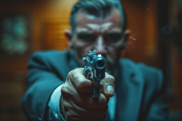 A man with a gun focuses intensely through a window, emitting a sense of caution and defense