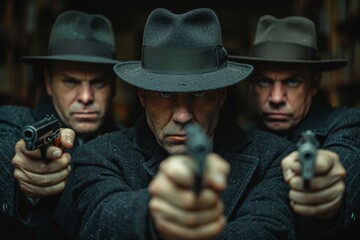 Stern-looking trio in hats with guns aimed in a dark and dramatic film noir setup