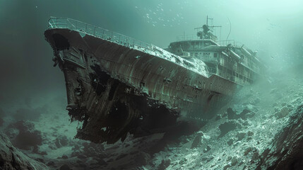 A shipwreck is shown in the water with a lot of debris and rocks surrounding it. Scene is eerie and haunting, as the ship is now a sunken ruin - obrazy, fototapety, plakaty