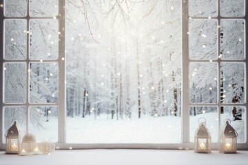 Window with a snowy scene outside of it