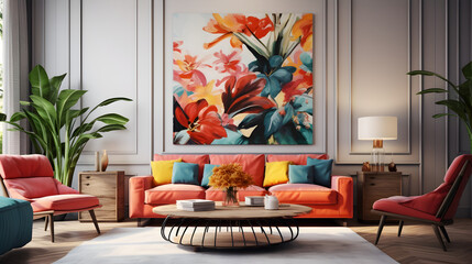 modern living room ,Interior design of modern living room with velvet terra cotta sofa
