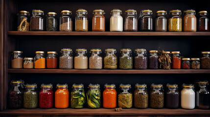 A  background featuring a colorful assortment of spices and herbs neatly organized in jars on a kitchen shelf.