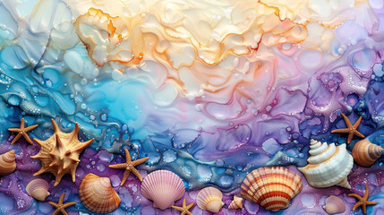 Beach summer background with beautiful shells as wallpaper illustration, alcohol ink abstract painting