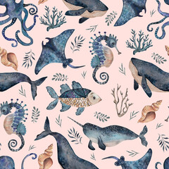 Underwater animals, watercolor illustration, seamless pattern