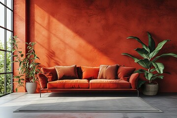 An example of a coral themed living room interior design. living room minimalist decor. couch against the cement textured loft wall. daylight.