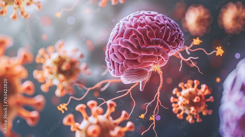Poster detailed close up of the human brain with neurons firing and intricate neural extensions visible