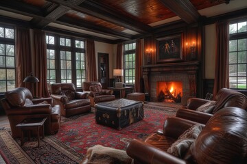 a living room with a fire place and leather furniture in it.