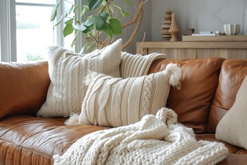 A detailed view of a brown environmentally friendly leather sofa adorned with cozy cushions and a white knitted blanket, positioned near a wall within an indoor room. This living room incorporates