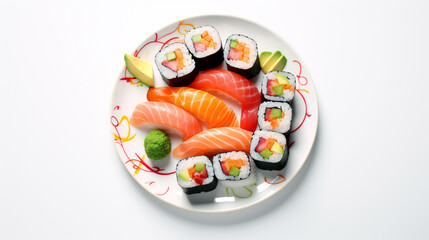A  background with a plate of sushi on a clean white surface, highlighting its vibrant colors.