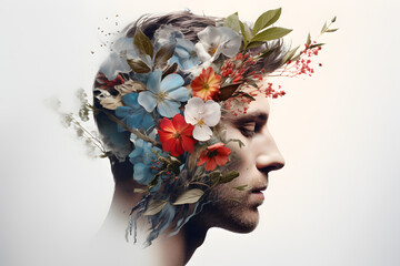 Male profile portrait with colorful flowers and leaves inside his head. Mental health concept, depression, support and self care