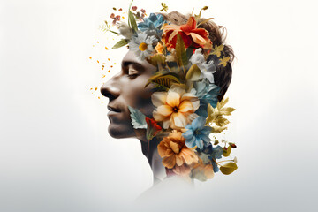 Male profile portrait with colorful flowers and leaves inside his head. Mental health concept, depression, support and self care - obrazy, fototapety, plakaty
