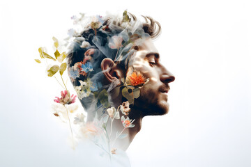 Male profile portrait with colorful flowers and leaves inside his head. Mental health concept, depression, support and self care