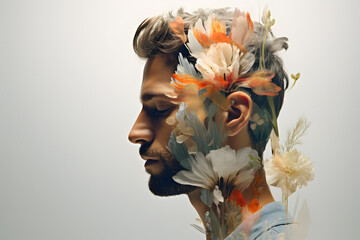 Male profile portrait with colorful flowers and leaves inside his head. Mental health concept, depression, support and self care - obrazy, fototapety, plakaty