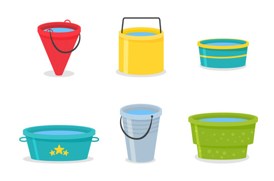 Various buckets. Isolated vector set. Illustration of ladle and container, bucket with handle