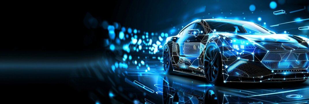 Ai assisted automotive engineer designing smart ev car on holographic display, with copy space