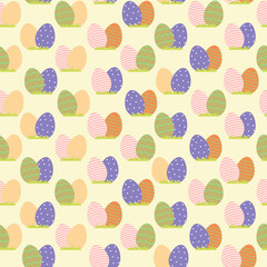 Pattern for easter, eggs on lawn grass. Easter eggs for hunting in pastel gentle colors.