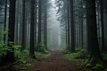 Fog settling in the forest, creating an air of mystery - obrazy, fototapety, plakaty