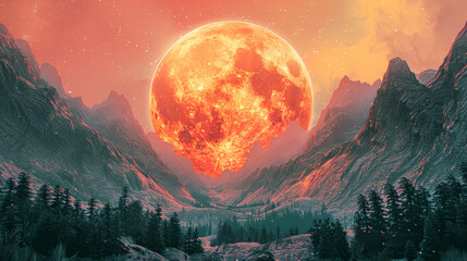 A large red moon is in the sky above a mountain range. The scene is serene and peaceful, with the moon casting a warm glow over the landscape. The mountains in the background add a sense of grandeur - obrazy, fototapety, plakaty