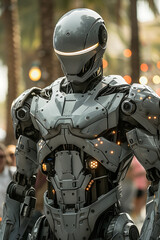 Imposing advanced police robots equipped for urban patrol, showcasing cutting-edge technology