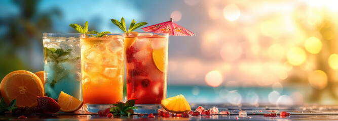 Beach cocktails at sunset with vibrant slices of citrus and a decorative umbrella, set against the ocean backdrop.