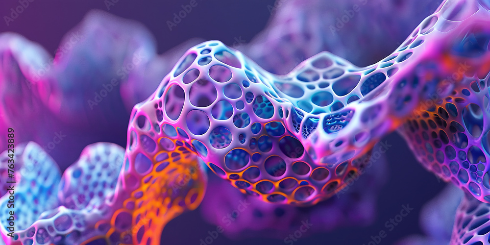 Poster abstract multicolored organic structure on a purple background. 3d rendering.