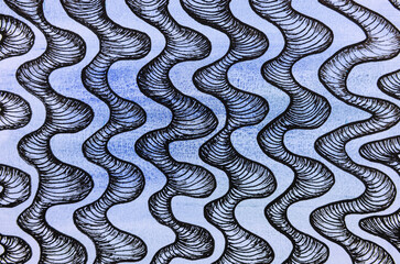 Repetitive curly worms on blue background. The dabbing technique near the edges gives a soft focus effect due to the altered surface roughness of the paper. - 763423855