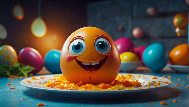 Whole happy cartoon egg in the kitchen