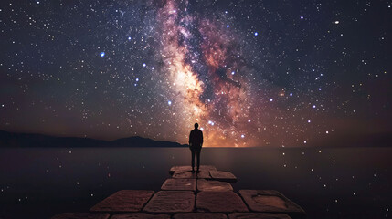 Image capturing the vastness of the cosmos, filled with countless stars, silhouette of a man standing alone watching the sky - obrazy, fototapety, plakaty