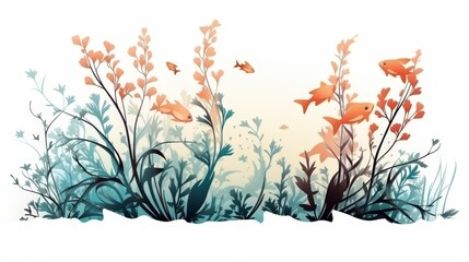 Enchanting underwater flora turquoise, peach, and brown seaweed in liquid ink fantasy illustration