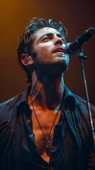 A handsome rock singer commands the stage with a magnetic presence, holding a microphone under the spotlight's vivid clarity.