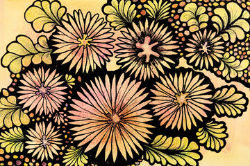 Floral doodle with colorful dots on the background. The dabbing technique near the edges gives a soft focus effect due to the altered surface roughness of the paper. - 763424076