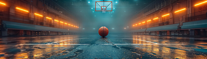 A close-up shot of a basketball hoop in a vibrant sport hall, with dramatic lighting casting sharp...