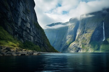 Majestic fjord with steep cliffs and calm blue waters - obrazy, fototapety, plakaty