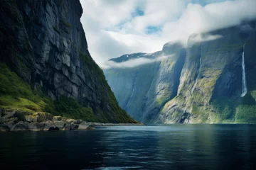 Foto op Canvas Majestic fjord with steep cliffs and calm blue waters © KerXing