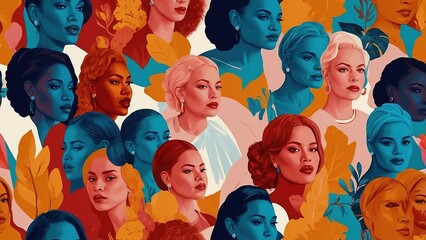Colorful Illustration Pattern Group of Diverse Women - obrazy, fototapety, plakaty