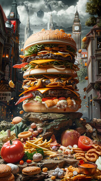A large burger is piled on top of a pile of food, including a variety of fries, a tomato, and a piece of fruit. The image has a playful and humorous mood, as it seems to be a creative