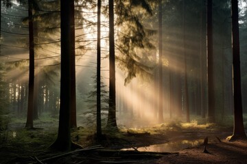 Misty forest clearing with sunbeams piercing through the mist