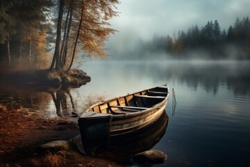 Misty lake scene with a wooden rowboat resting by the shore - obrazy, fototapety, plakaty