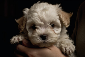 Person holding a cute Maltipoo puppy, looking directly at the camera
