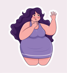 Body positive sticker image. The artwork depicts a beautiful woman in a colorful and vibrant design that adds a touch of whimsy and charm. Vector illustration.