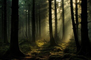 Mystic forest shrouded in mist and touched by the first light of day - obrazy, fototapety, plakaty